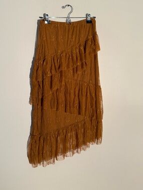 Hem & Thread Asymmetrical Ruffle Lace Skirt in Rust Brown